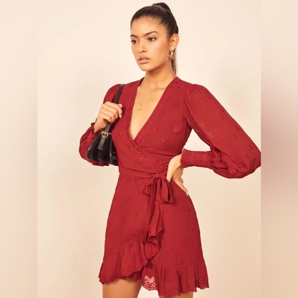 REFORMATION Red Ruffled Embroidered Wrap Dress - SIZE SMALL